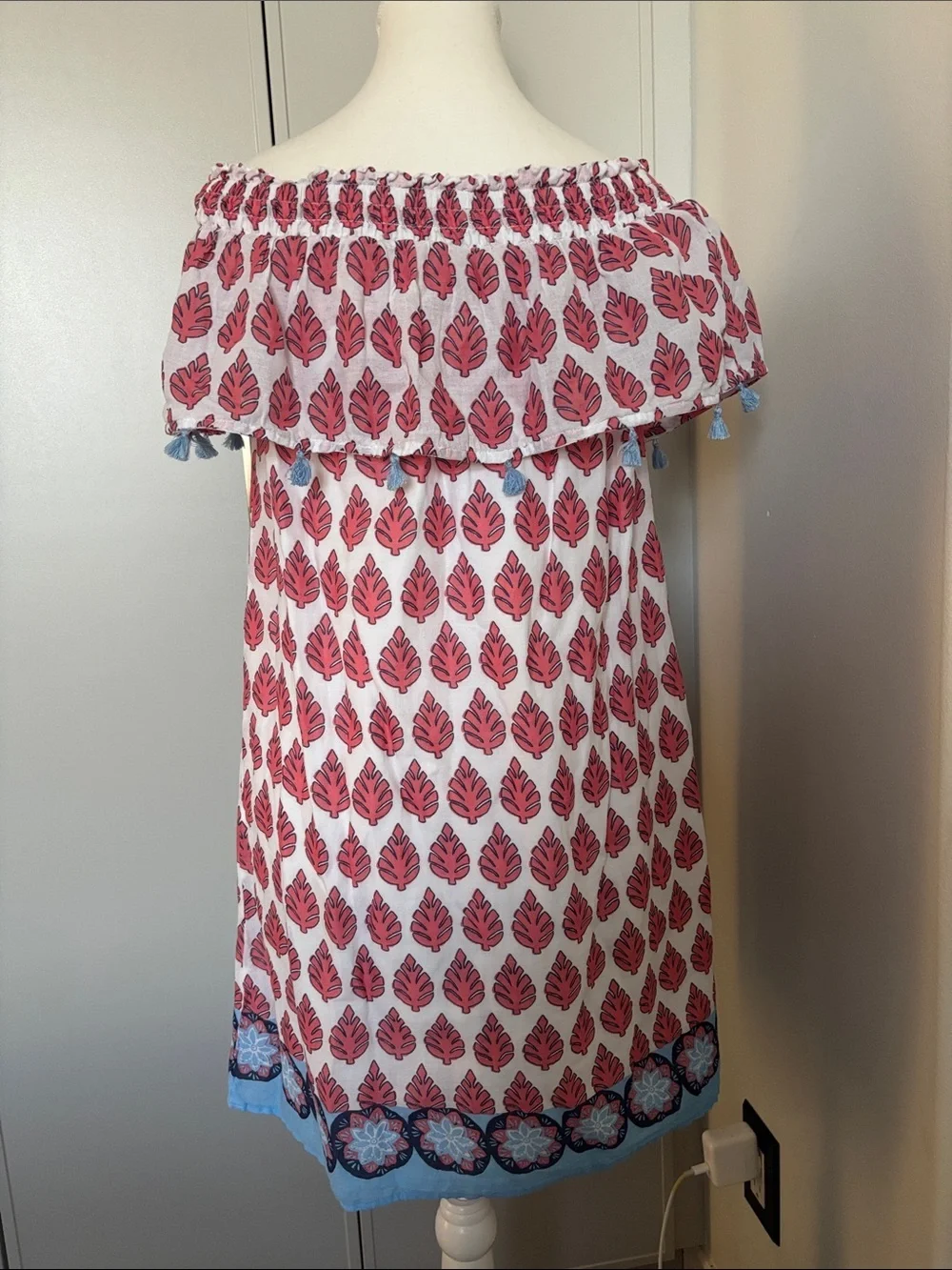 Hatley White Dress with Pink Leaf Print and Blue Tassel Trim - Picture 3 of 7